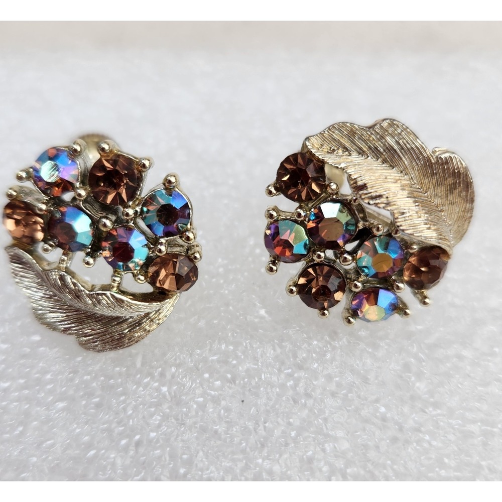 Vintage Lisner Goldtone Screw back Earrings Aurora Borelis Leaf Design Flawed
